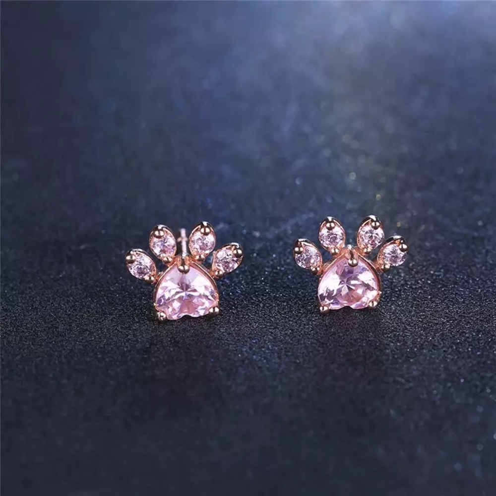 Paw Print CZ Rose Gold Animal Pet Love Earrings - Picture 2 of 9